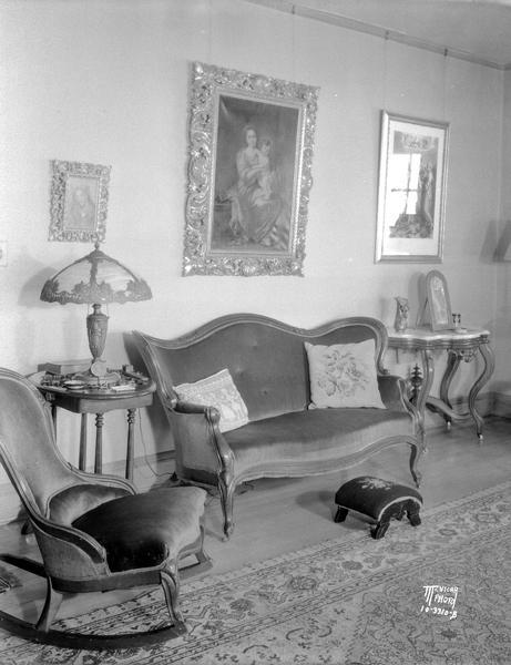 Antique furniture group at James and Grace Ramsay residence. 835 Farwell Drive. Also shows copy of Old Madonna portrait.