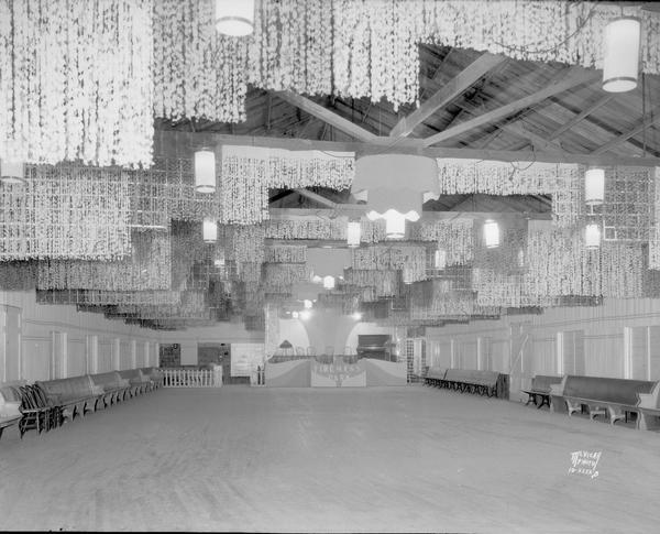 Interior view of Waterloo Firemen's Park pavilion, decorated for the Junior Prom.