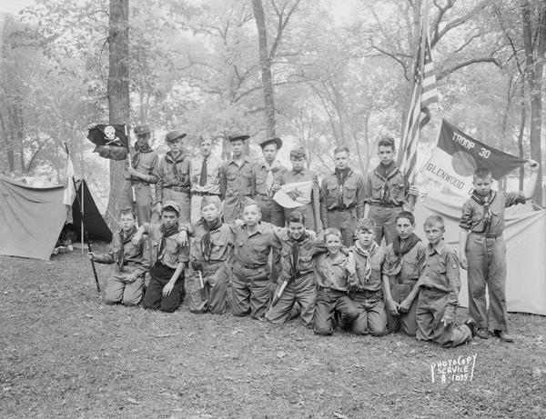 Group portrait of Boy Scouts, Troop #30 from Glenwood Moravian Church, at Four Lakes Council Camporee in Olin Park.