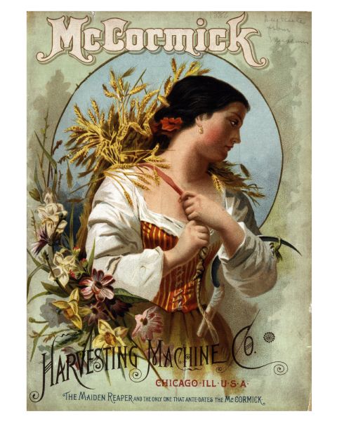 McCormick Harvesting Machine Company annual catalog cover featuring an illustration of a woman carrying a sheaf of wheat. Below the text reads: "Harvesting Machine Co. Chicago, ILL U.S.A. The Maiden Reaper and the only one that ante-dates the McCormick."