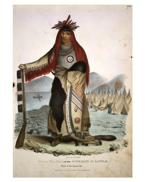 Waa-Na-'Taa or The Foremost in Battle, Chief of the Sioux Tribe. Hand-colored lithograph from the Aboriginal Portfolio, painted at the Treaty of Prairie du Chien (1825).