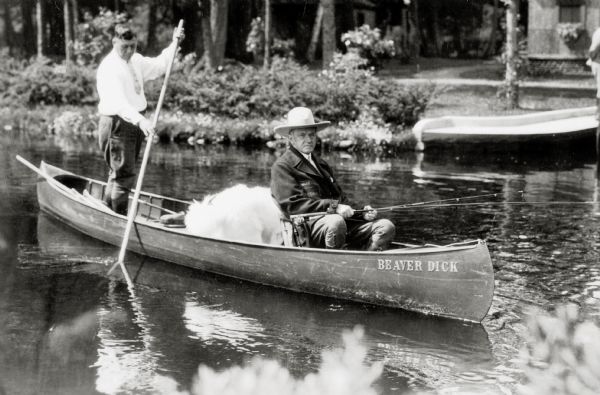 Calvin Coolidge Fishing President Calvin Coolidge fishing at Cedar Island Lodge, rustic lodge of Henry C. Pierce, 35 miles from Superior, Wisconsin, on the Brule River. This lodge was later dubbed The Summer White House. The canoe is named Beaver Dick and the guide is John LaRock.