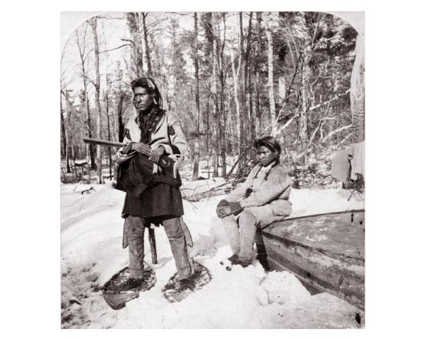 Chippewa (Ojibwa) Indian deer hunt on snow shoes.