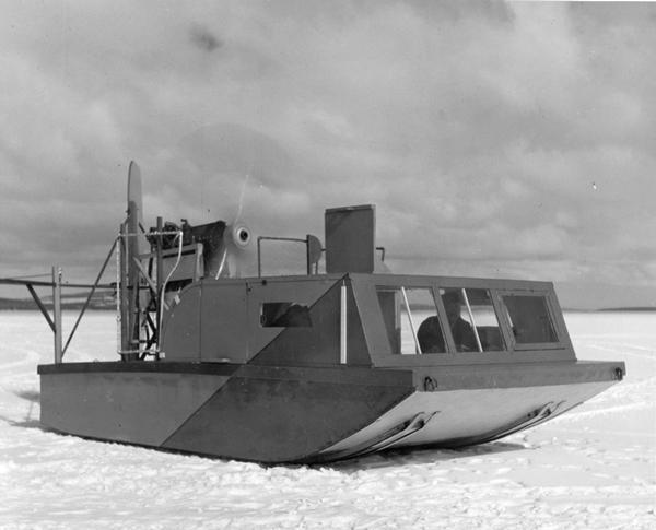 A boat-type windsled on frozen Lake Superior.