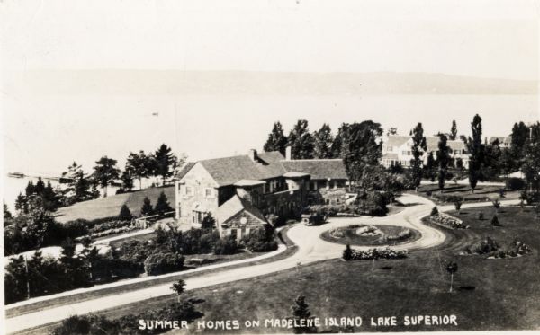 Aerial view of Woods' Manor on shores of Madeline Island. The manor was built in 1900 for summer resident Colonel Frederick Woods from Nebraska.