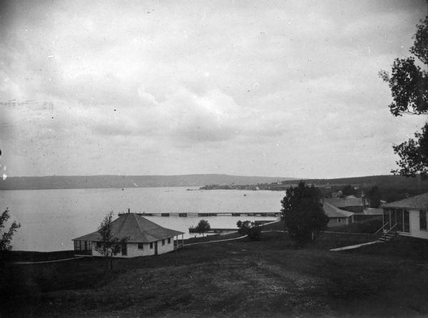 View of cottages and Mission dock on Lake Superior on Madeline Island.