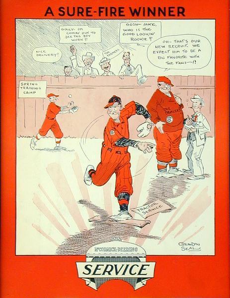 Advertising placard for McCormick-Deering tractor service showing a cartoon of men playing baseball with onlookers peering over a fence. Dialog balloons contain text praising the "good lookin' rookie . . .  tractor service."
