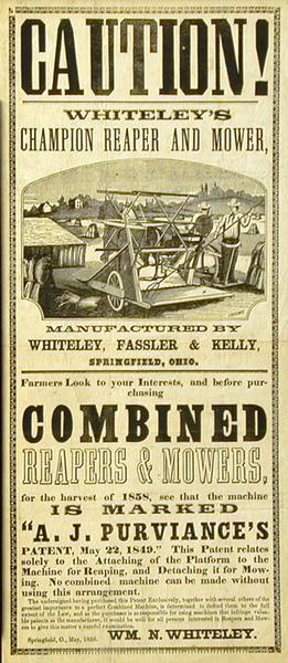 Advertising handbill for the Champion reaper and mower produced by Whiteley, Fassler & Kelly of Springfield, Ohio.