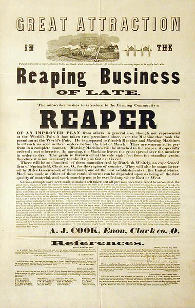 Advertising handbill for reapers designed by A.J. Cook and manufactured by Hatch and Whitely of Springfield in Clark County, Ohio.