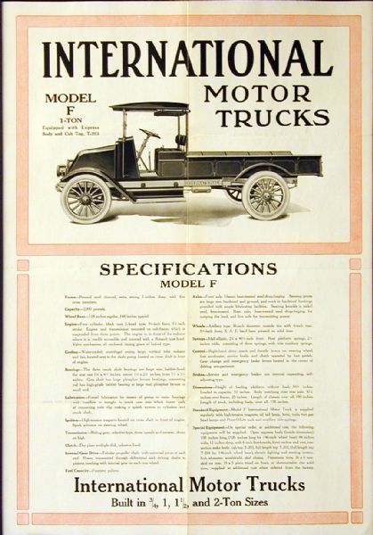 Advertising poster for International Model F motor trucks. Includes specifications for model F trucks and the text: "Built in 3/4, 1, 1 1/2, and 2-Ton Sizes." Printed by Harvester Press for distribution in Australia.