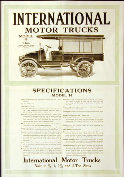 Advertising poster for International Model H motor trucks. Includes specifications for model H trucks and the text: "Built in 3/4, 1, 1 1/2, and 2-Ton Sizes." Printed by Harvester Press for distribution in Australia.