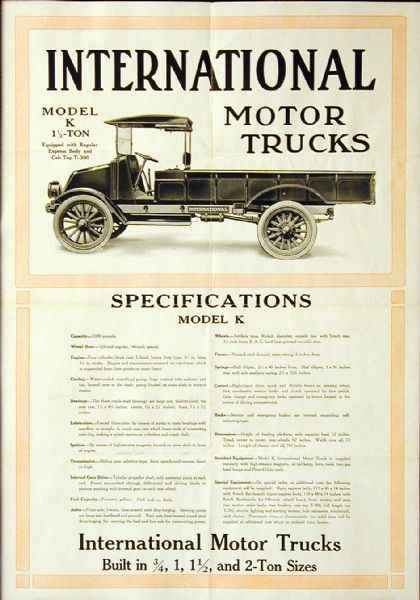 Advertising poster for International Model K motor trucks. Includes specifications for model K trucks and the text: "Built in 3/4, 1, 1 1/2, and 2-Ton Sizes." Printed by Harvester Press for distribution in Australia.