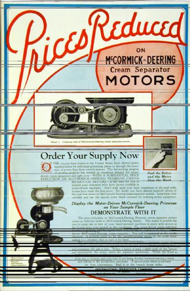 Advertising poster for McCormick-Deering cream separator motors featuring illustrations of cream separators under the text "Prices Reduced." The text encourages International Harvester dealers to put the Primrose on their showroom floor.