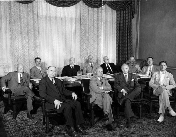 Members of the U.S. Pharmacopeial Convention  Board of Trustees, 1950-1960. Pictured are, from left to right: Robert Swain (Chairman), Adley Nichols (Secretary), Patrick Costello, Allen Bunce (President), Ernest Little, Arthur Degraff, Carson Frailey, Austin Smith, W. Paul Briggs (Treasurer), Lloyd Miller (Director of Pharmaceutical Revision), and Theodore Klumpp (Vice President).