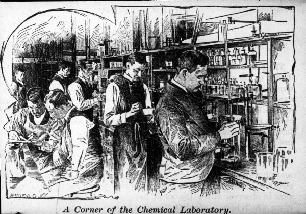 Drawing of students at work in the chemistry lab, at the Pharmacy College, Columbia University.