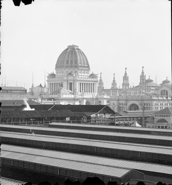 Elevated view of terminal station at Jackson Park; Administration Building in background.