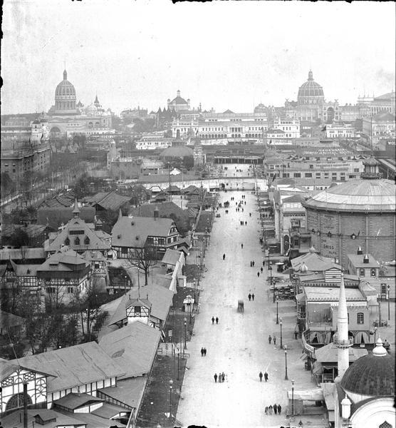Elevated view of the Columbian Exposition; from the midway looking east from the Ferris wheel.