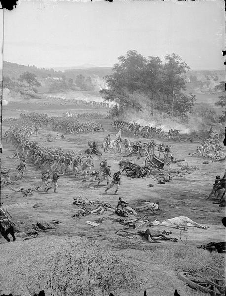 Stereograph from the Chicago Panorama of the Battle of Gettysburg Representing Pickett's Charge at 4 P.M., July 3rd, 1863: Death of Lieutenant A.H. Cushing as he falls into the arms of Sergeant Fuger at the Bloody Angle, in line with the "umbrella-shaped trees" that marked the objective point of the charge; a section of an oil painting of the Cyclorama of Gettysburg by French artist Paul Dominique Philippoteaux. From Bennett's series "Wanderings Among the Wonders and Beauties of Western Scenery."