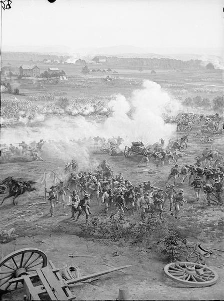 Stereograph from the Chicago Panorama of the Battle of Gettysburg Representing Pickett's Charge at 4 P.M., July 3rd, 1863: Confederate Prisoners and Explosion of Federal Caissons, a section of an oil painting of the Cyclorama of Gettysburg by French artist Paul Dominique Philippoteaux. From Bennett's series "Wanderings Among the Wonders and Beauties of Western Scenery."
