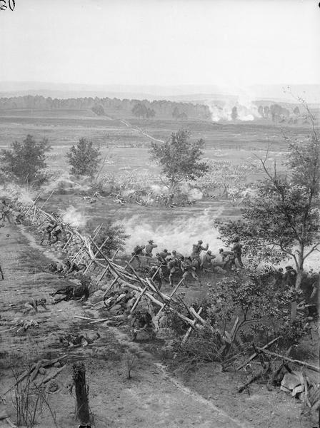 Stereograph from the Chicago Panorama of the Battle of Gettysburg Representing Pickett's Charge at 4 P.M., July 3rd, 1863: Pettigrew's Brigade Supporting Pickett's Division, a section of an oil painting of the Cyclorama of Gettysburg by French artist Paul Dominique Philippoteaux. From Bennett's series "Wanderings Among the Wonders and Beauties of Western Scenery."