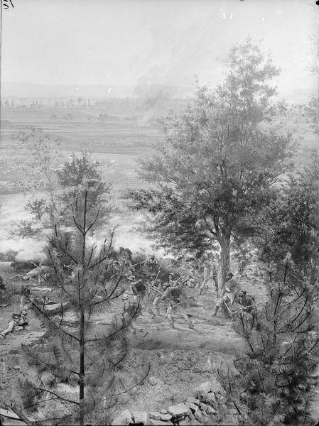 Stereograph from the Chicago Panorama of the Battle of Gettysburg Representing Pickett's Charge at 4 P.M., July 3rd, 1863: Lieutenant Montgomery and Portion of 69th Pennsylvania, a section of an oil painting of the Cyclorama of Gettysburg by French artist Paul Dominique Philippoteaux. From Bennett's series "Wanderings Among the Wonders and Beauties of Western Scenery."