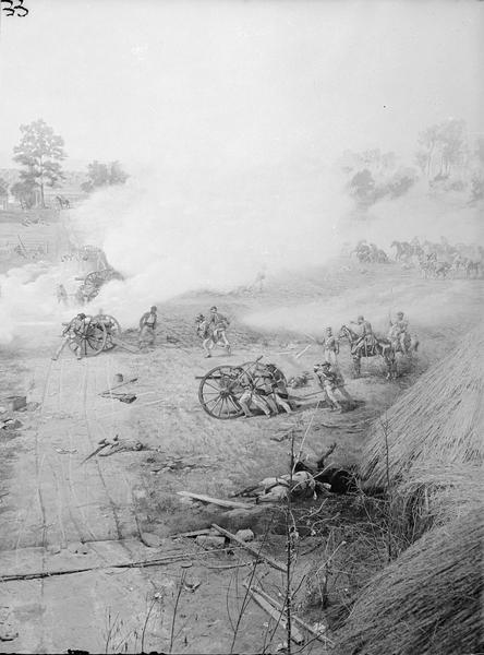Stereograph from the Chicago Panorama of the Battle of Gettysburg Representing Pickett's Charge at 4 P.M., July 3rd, 1863: Woodruff's Battery on the Right of Cemetery Hill, a section of an oil painting of the Cyclorama of Gettysburg by French artist Paul Dominique Philippoteaux. From Bennett's series "Wanderings Among the Wonders and Beauties of Western Scenery."