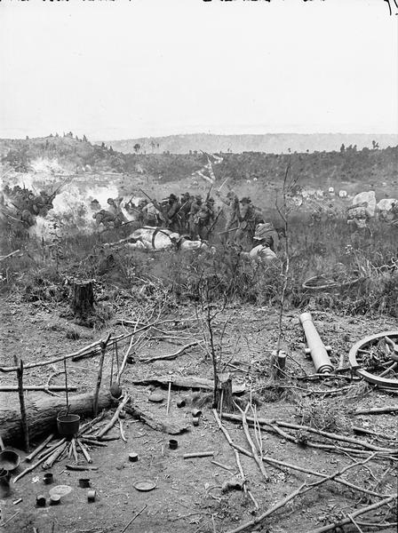 Stereograph from the Panorama of the Battle of Missionary Ridge, Colonel Randall L. Gibson and 13th Georgia Regiment, painted in 1885. It was painted by Eugen Bracht's Berlin-based panorama company and first exhibited in Kansas City in 1886. It was destroyed by a tornado in Nashville, Tennessee.  From Bennett's series "Wanderings Among the Wonders and Beauties of Western Scenery."