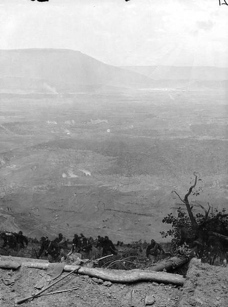 Stereograph from the Panorama of the Battle of Missionary Ridge, Valley of the Tennessee Lookout Mountain in the Distance, painted in 1885. It was painted by Eugen Bracht's Berlin-based panorama company and first exhibited in Kansas City in 1886. It was destroyed by a tornado in Nashville, Tennessee.  From Bennett's series "Wanderings Among the Wonders and Beauties of Western Scenery."