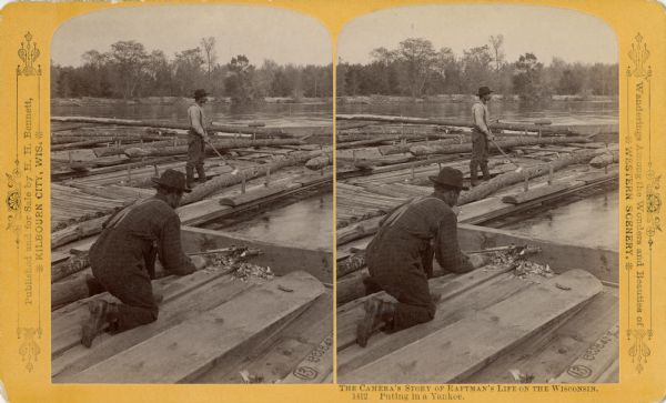 Stereograph view of a man putting in a "Yankee" while another man is chopping a log with an axe.