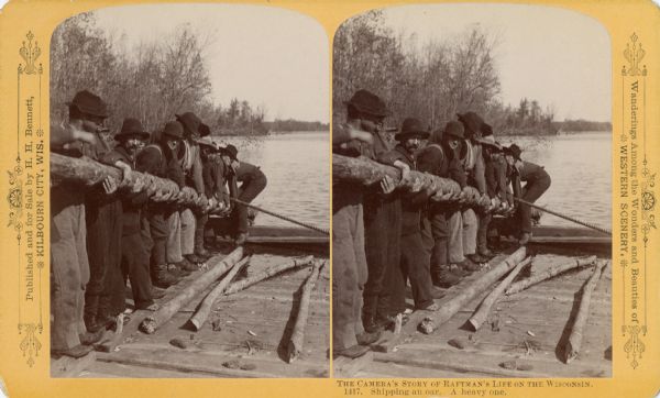 Stereograph of raftsmen shipping an oar.