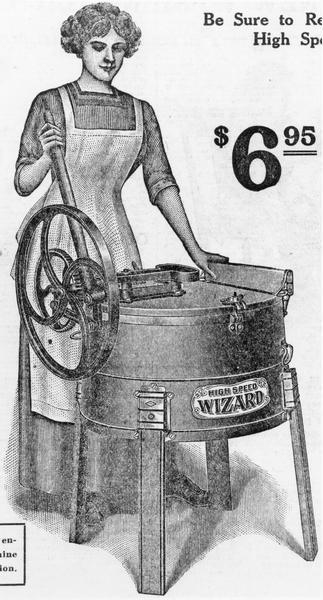1913 Sears Roebuck catalog page of woman with "Wizard" washing machine.