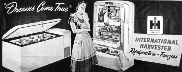 Advertisement for International Harvester refrigerators and freezers. Depicts a woman wearing an apron over a dress standing near a freezer and refrigerator.