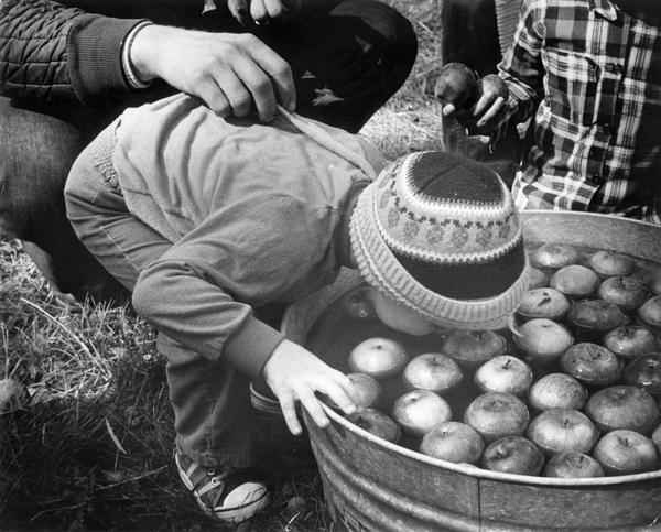 Child "bobs" for apples at a "Pioneer Day Festival."