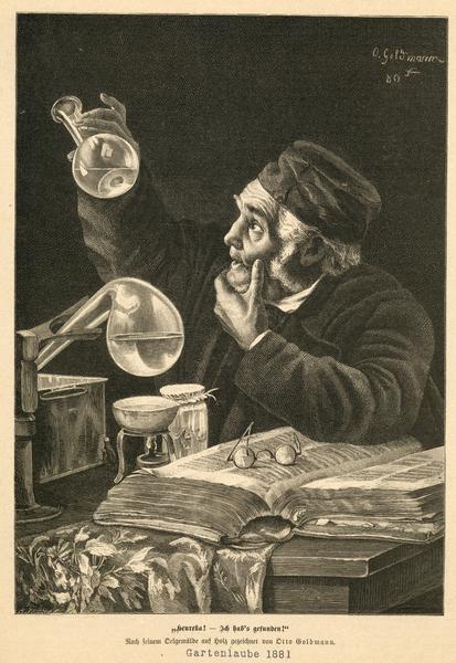 Illustration of a scientist in his lab gazing at a test tube, with a caption in German that translates to "Eureka! I have found it!".
