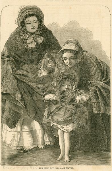 A woodprint of women with frightened child entitled "The First Dip Into Salt Water."