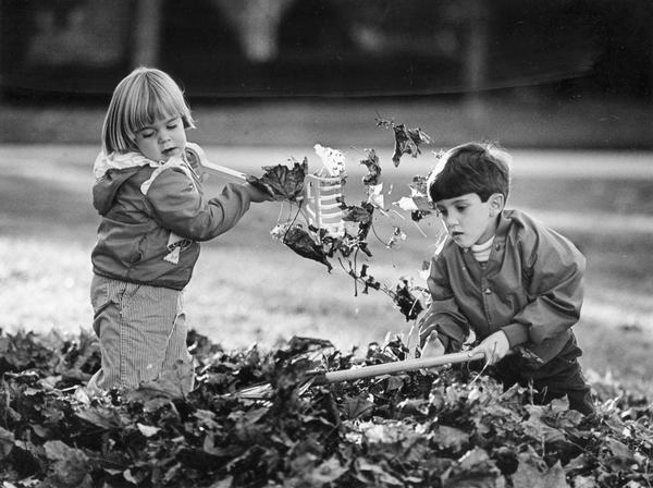 Young boy and girl make the autumn chore of leaf-raking fun.