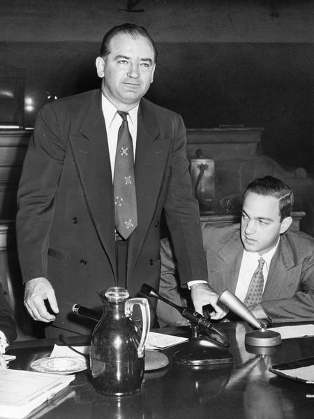 Joseph (Joe) McCarthy is seen here with his chief counsel, Roy Cohn, whom he hired on the advice of J. Edgar Hoover.