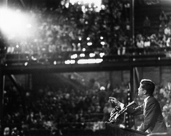 A campaign speech by presidential candidate John F. Kennedy at the University of Wisconsin-Madison Field House.