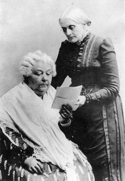 Portrait of Susan B. Anthony (standing), with Elizabeth Cady Stanton, five years after completion of their three-volume work entitled "History of Woman Suffrage."