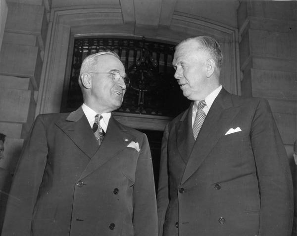 President Harry S. Truman and Secretary of State George C. Marshall.  After World War II President Truman appointed Marshall as his special emissary to China. In 1947 he summoned the general home and appointed him Secretary of State. Marshall retired in 1949, but returned to public service in 1950 to become Secretary of Defense during the Korean War. Despite his military career, his creation of the Marshall Plan for the economic recovery of Europe, and his Nobel Peace Prize (in 1953)Marshall was bitterly attacked by the right-wing for the fall of China and his protection of Communists such as Alger Hiss and Owen Lattimore in the State Department. In 1951 Joseph R. McCarthy made this theme the subject of his book, "Retreat from Victory, the Story of George C. Marshall."
