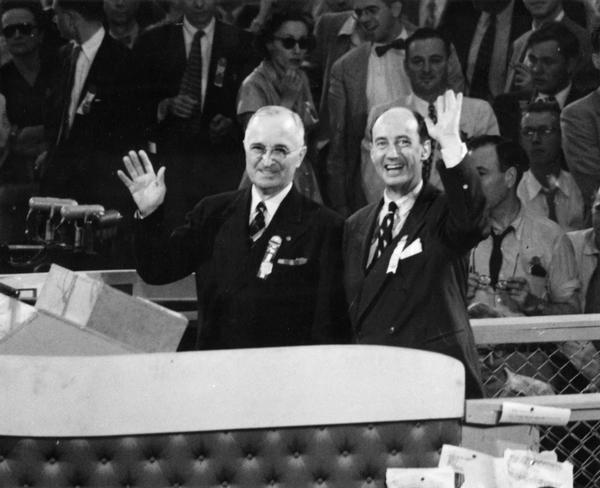 The Democratic convention, with Harry S. Truman and Adlai Stevenson standing at a podium.