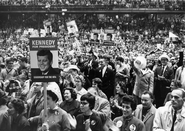 View of audience at a rally for John F. Kennedy for president.