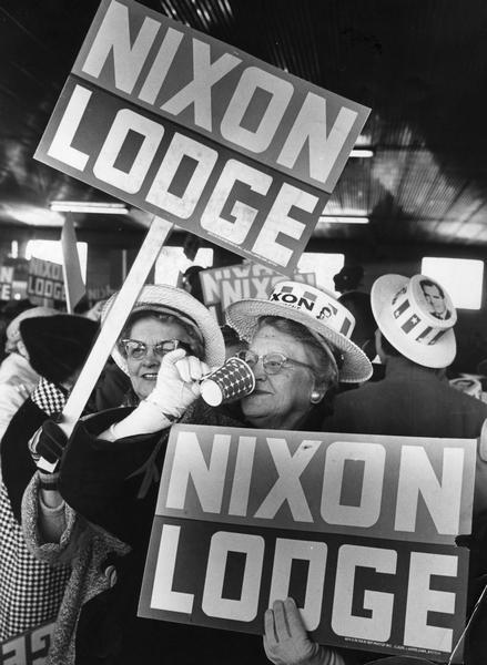 Campaigners for the 1960 Republican ticket of Richard M. Nixon for president and Henry Cabot Lodge for vice-president.