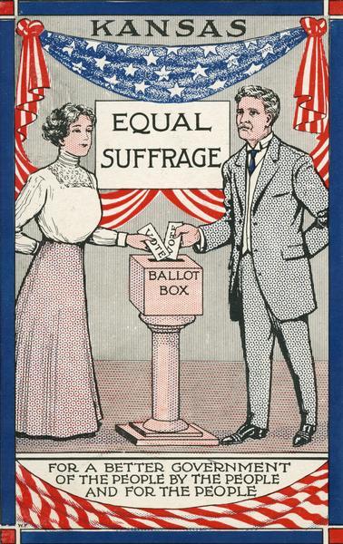 Depiction of a man and a woman each putting their votes into a ballot box, touting equal suffrage: "For a better government of the people, by the people, and for the people."