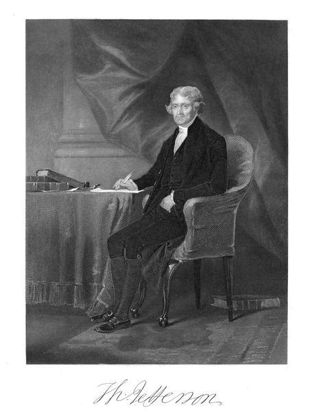 Engraving from a painting of Thomas Jefferson, seated with books and writing implements.