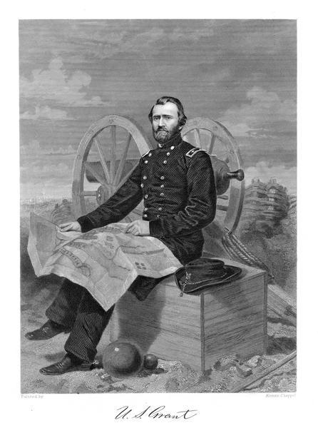An engraving from a photograph of Ulysses S. Grant wearing a military uniform. He is seated in front of a cannon with a map unfolded in his lap, and cannon balls at his feet.