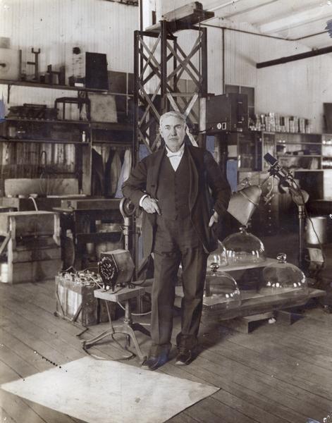 Portrait of Thomas Alva Edison in his lab where he worked on his "talking moving machine."