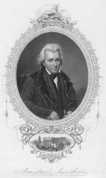 Portrait engraving of Andrew Jackson with small inset of his home, The Hermitage, near Nashville, Tennessee.