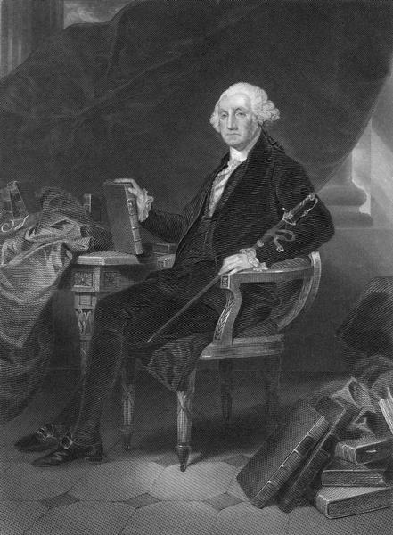 Full-length portrait engraving of George Washington seated with books and saber, from a painting by Chappel.