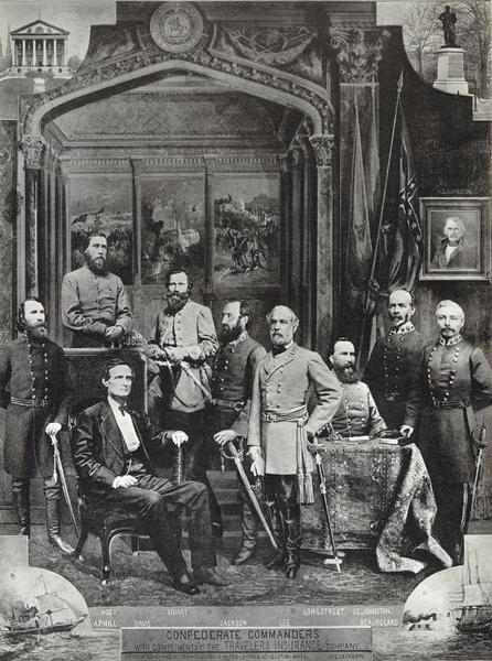 A composite of Civil War Confederate Commanders, this is one of the first known examples of a composite photograph and of the use of photography in advertising. From the left are depicted A.P. Hill, J.B. Hood, Jefferson Davis, J.E.B. Stuart, T.J. (Stonewall) Jackson, Robert E. Lee, James Longstreet, J.E. Johnston, and P.G.T. Beauregard. Text at bottom reads: "Confederate Commanders, with compliments of the Travelers Insurance Company."